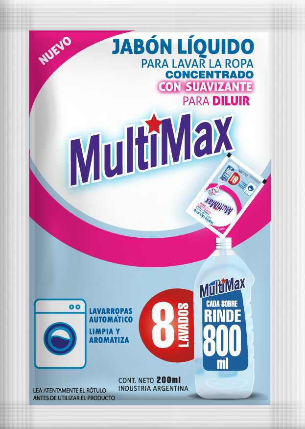 Jabón Líquido para Ropa con Suavizante Multimax Rinde 800ml x200ml (x12)
