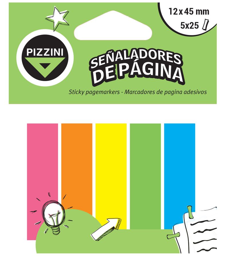 Notas Autoadhesivas Pizzini 12x45mm 5 señaladores 25 hojas Flúor (x10)