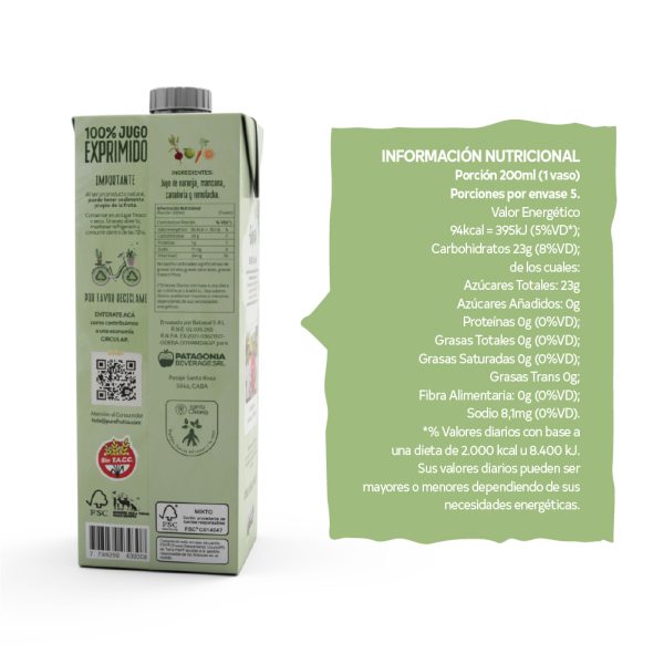 Jugo 100% Exprimido Pura Frutta Blend Detox - Naranja, Manzana, Zanahoria y Remolacha 1000ml