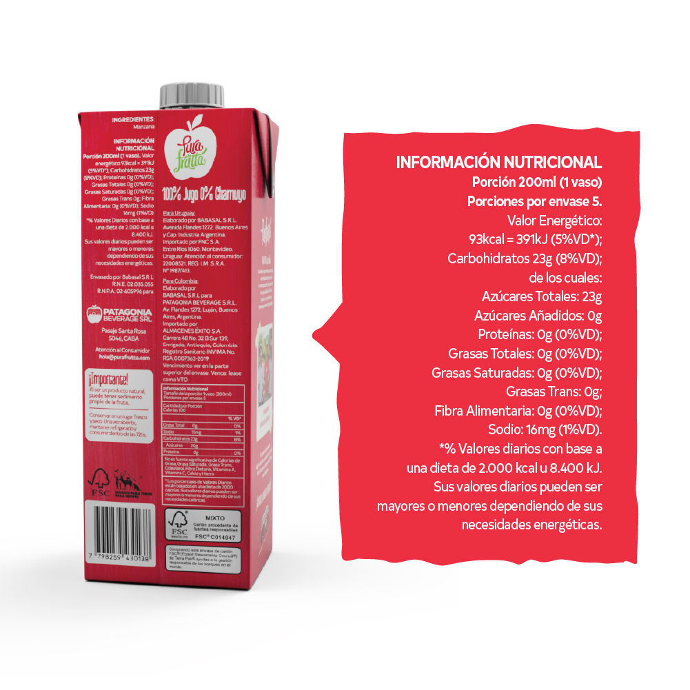 Jugo 100% Exprimido Pura Frutta Manzana Roja 1000ml