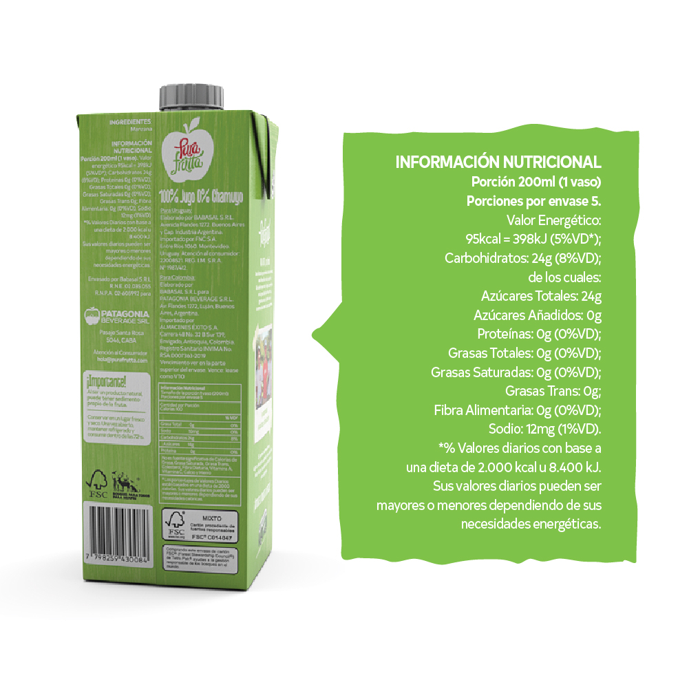 Jugo 100% Exprimido Pura Frutta Manzana verde 1000ml