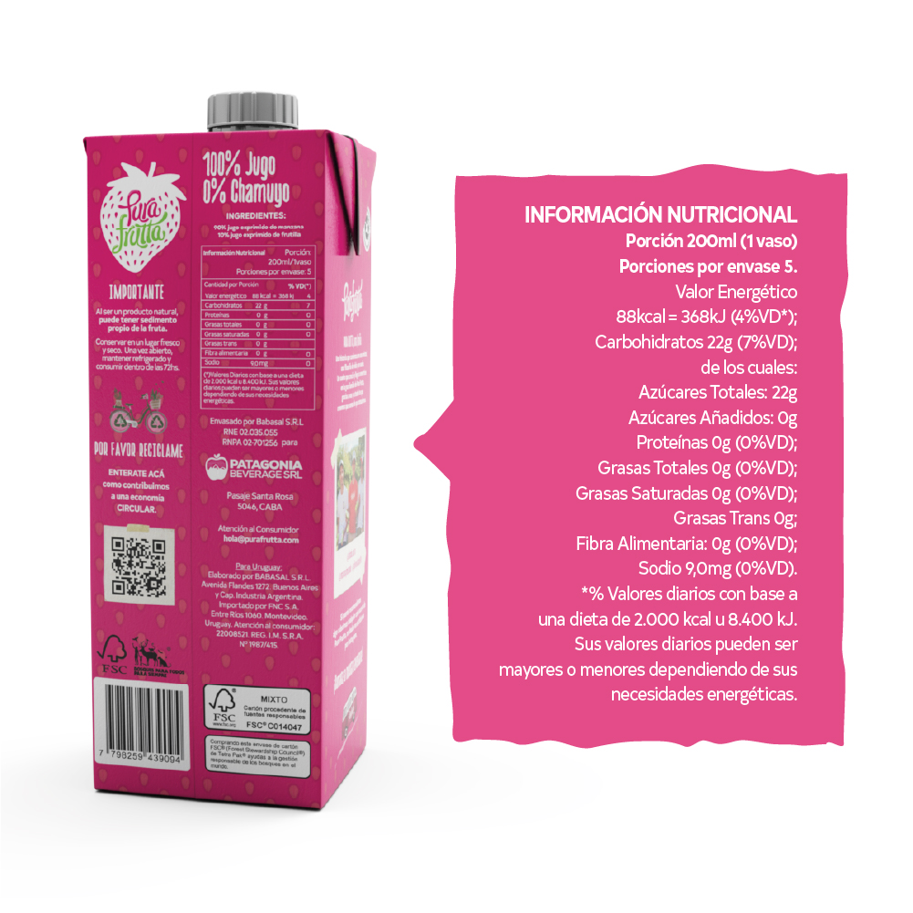 Jugo 100% Exprimido Pura Frutta Manzana y Frutilla 1000ml