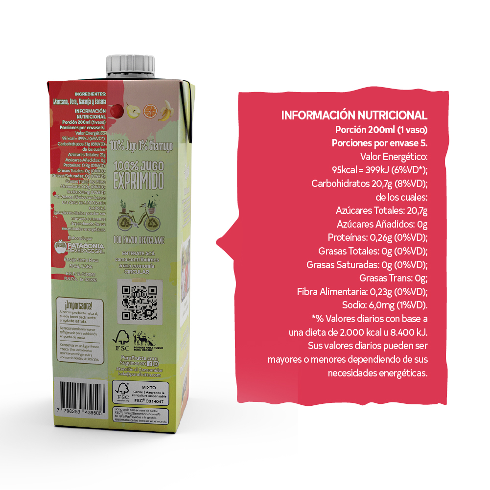 Jugo 100% Exprimido Pura Frutta Multifruta 1000ml