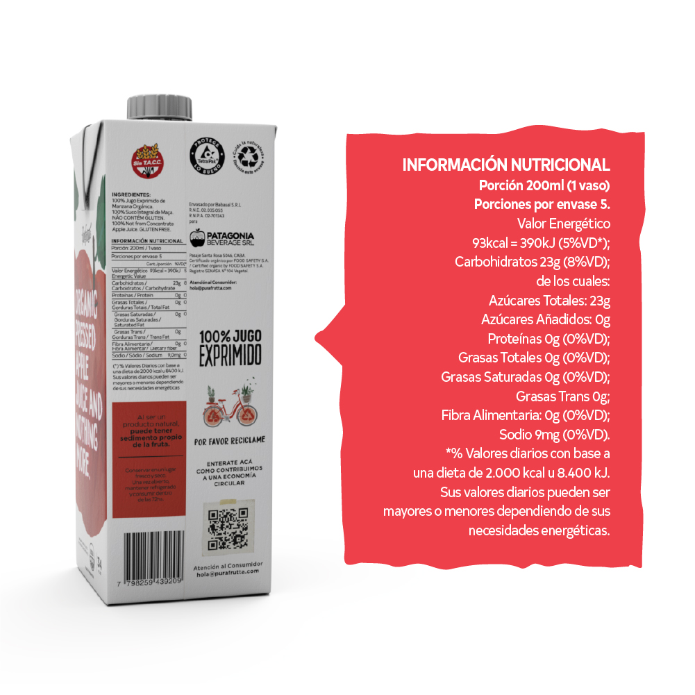 Jugo PuraFrutta Manzana Orgánico x1000ml (x8)