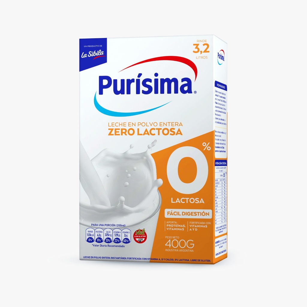 Leche en Polvo Entera Purísima Zero Lactosa x400g (x12)