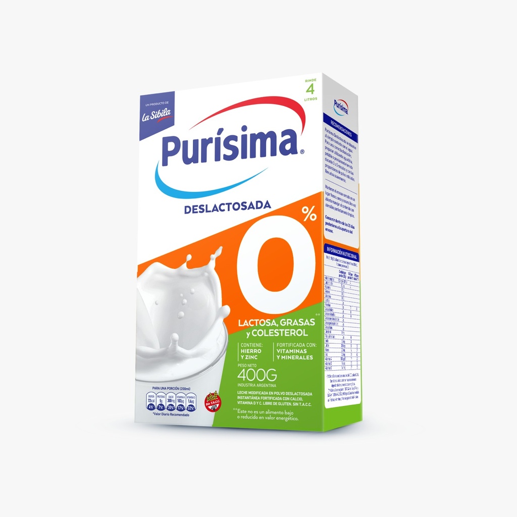 Leche en Polvo Entera Purísima Deslactosada x400g (x12)