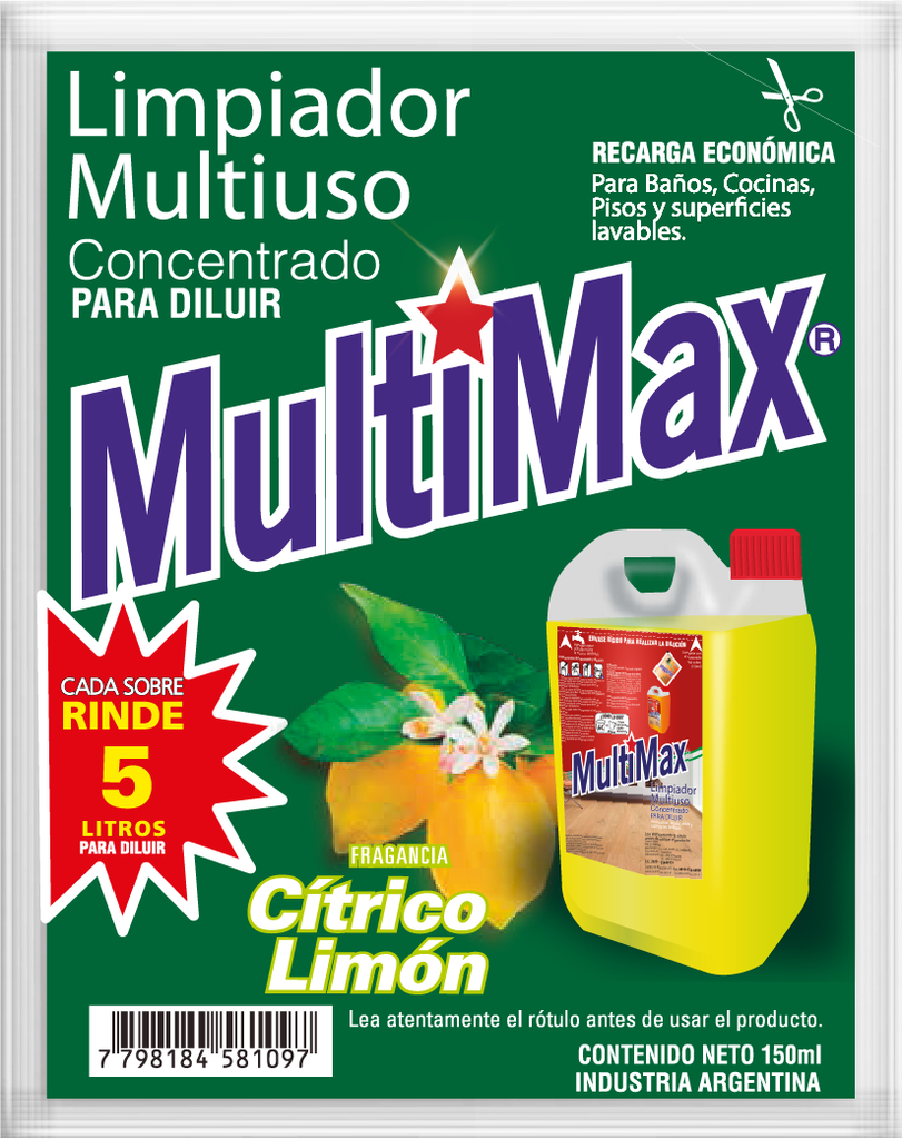 Limpiador Multiuso Multimax Cítrico Limón Rinde 5 L x150ml (x15)
