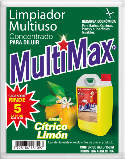 [100515] Limpiador Multiuso Multimax Cítrico Limón Rinde 5 L x150ml (x15)