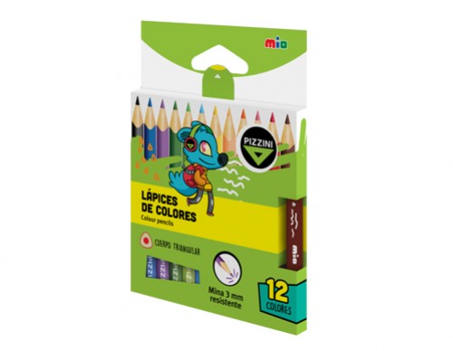 [100579] Lápices Madera Pizzini Triangulares Cortos 12 Colores (x12)