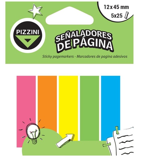 [100605] Notas Autoadhesivas Pizzini 12x45mm 5 señaladores 25 hojas Flúor (x10)
